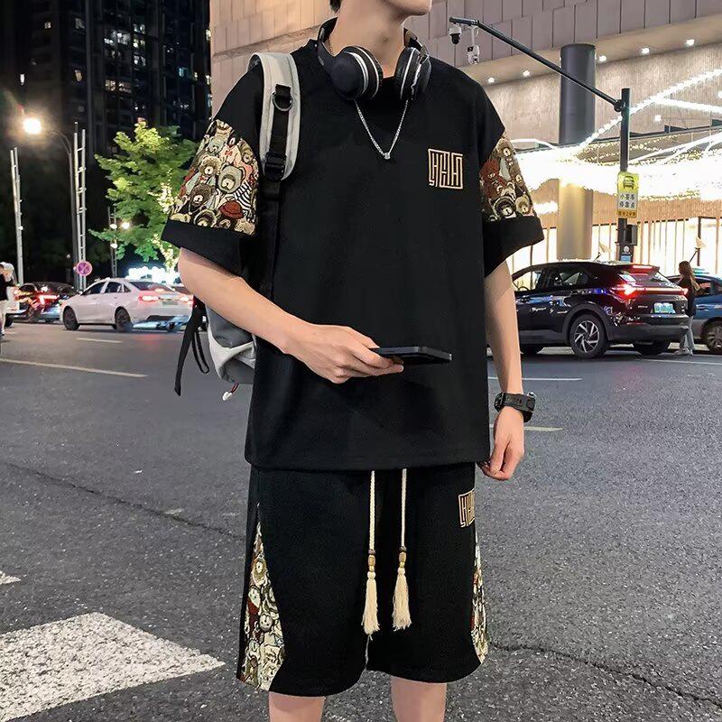 Men's Loose Short Sleeve T-shirt and Shorts Two-Piece Set - Chinese National Style, Plus Size, Summer Casual Sportswear