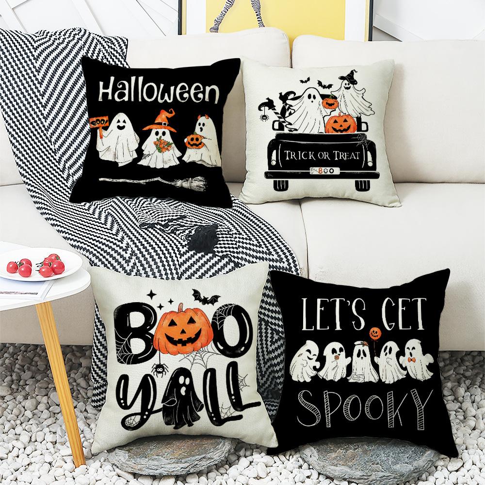 New Halloween Pillow Cover with Cute Pumpkin Ghost Element Letters Digital Print Decorative Pillow Cover