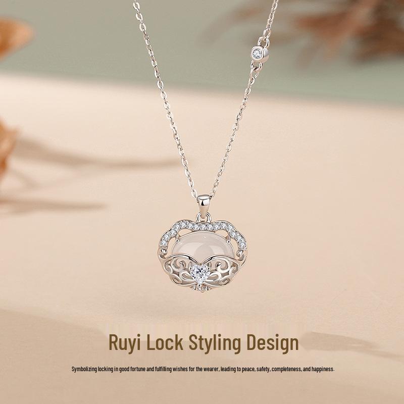 Ruyi Lock Necklace: White Chalcedony & S925 Sterling Silver Chinese Style 925 Silver
