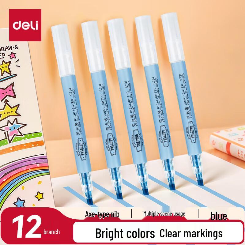 Deli S731 Blue Highlighter Pen, 12-Pack