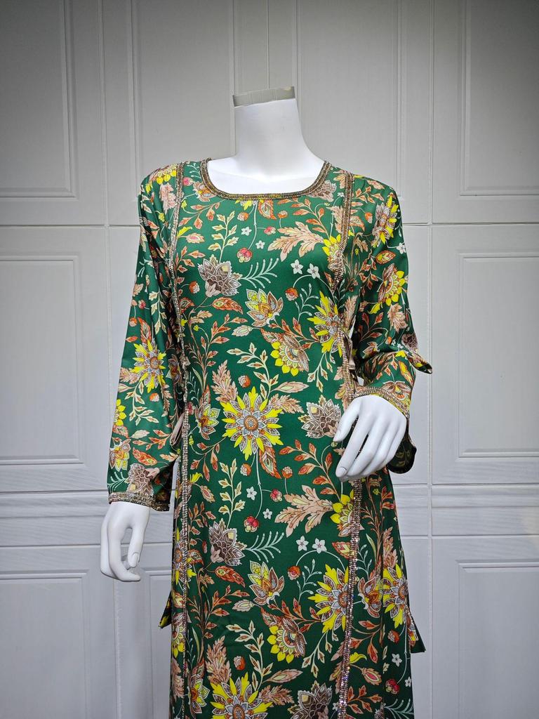 AB439 Middle Eastern Women's Diamond-Studded Fashion Print Jalabiya Robe