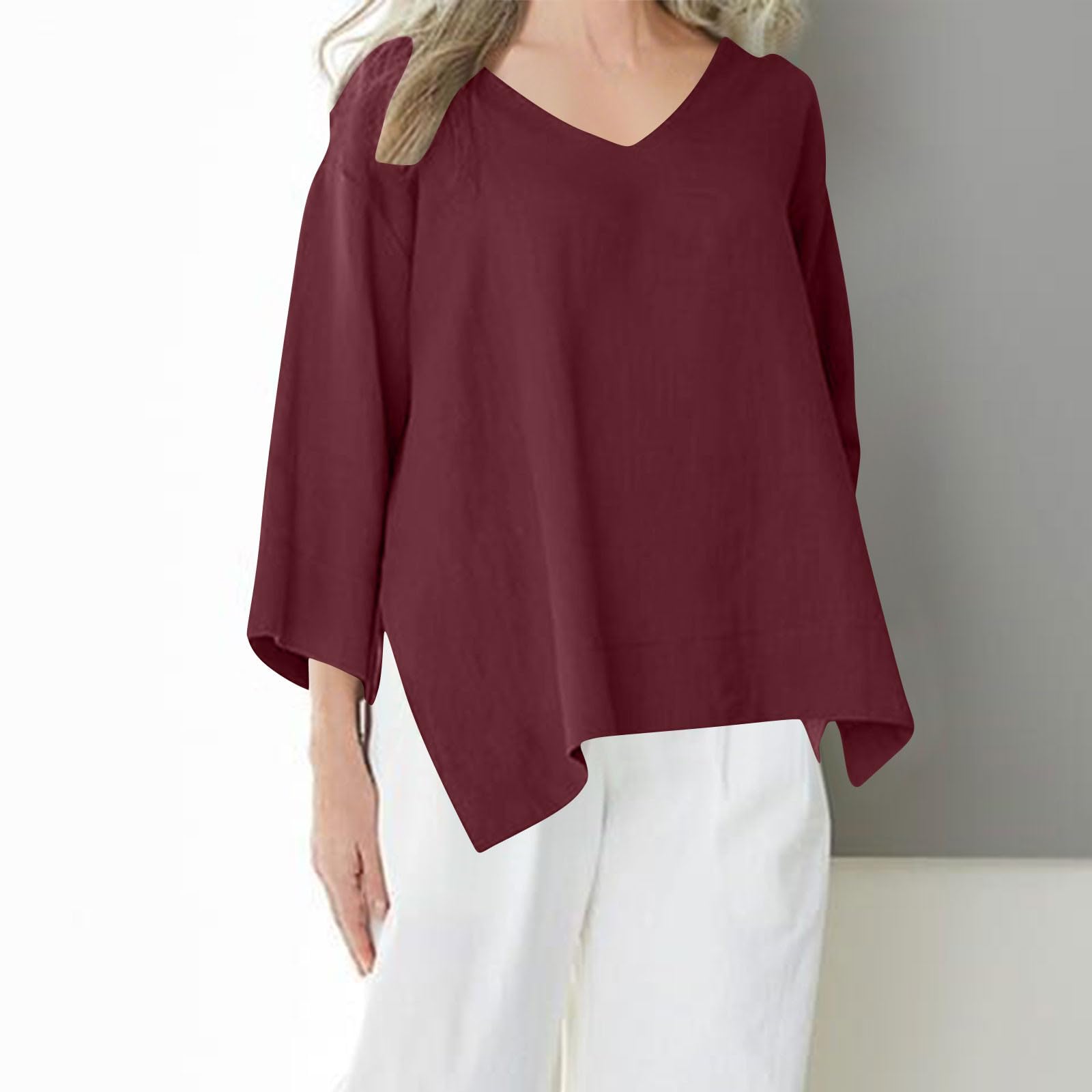

Ladies Casual Fashion Solid Color V-neck Loose Slit Casual Solid Color Cotton And Linen Top XL