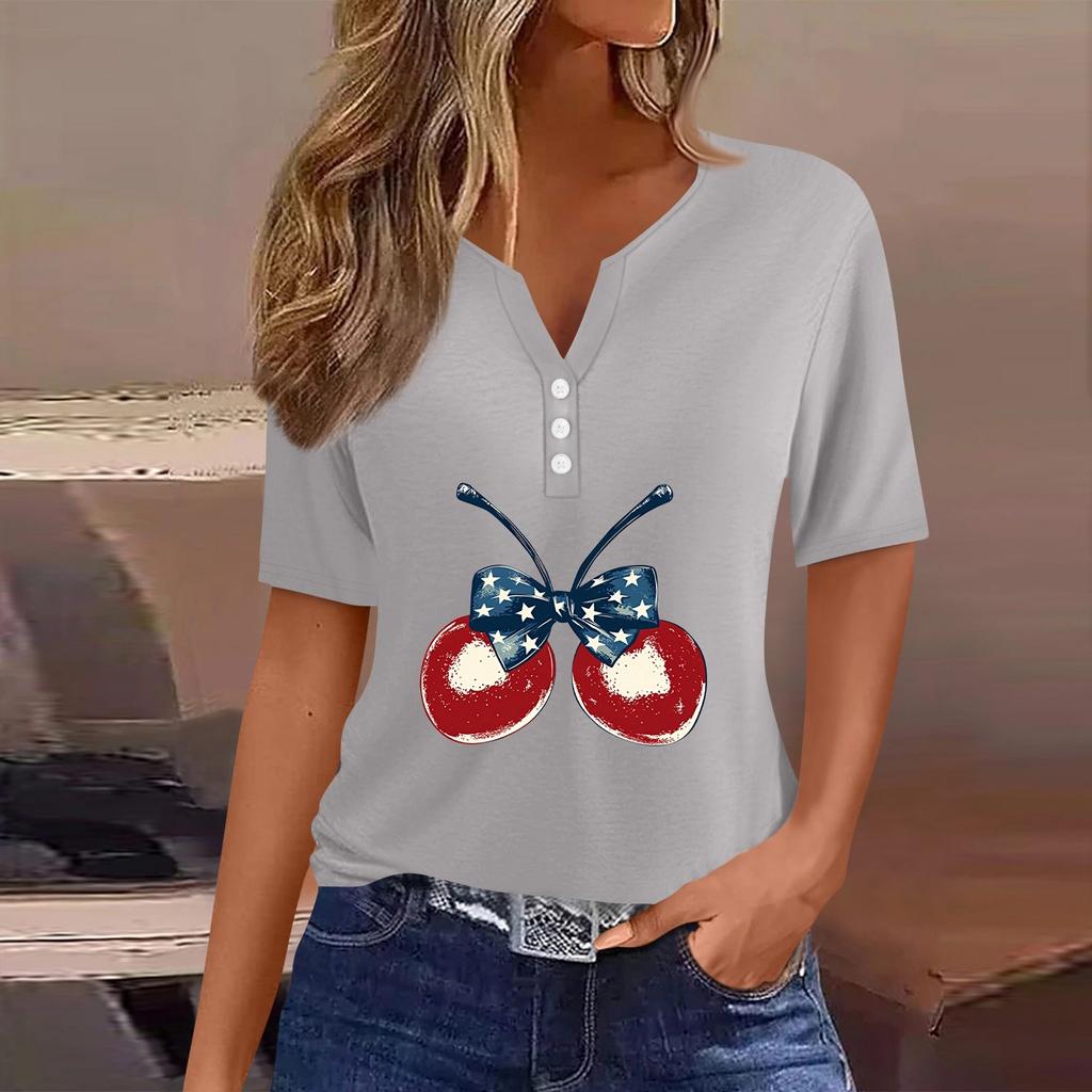 Women's T Shirt Tee Independence Day Print Button Short Sleeve Daily Weekend Fashion Basic V-Neck Regular Top