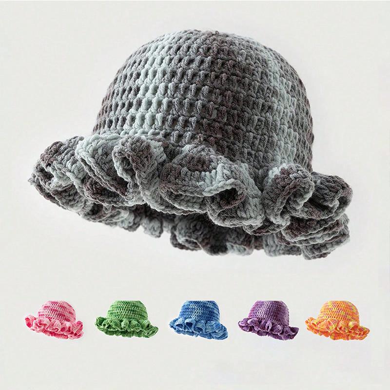 New Colorful Crochet Ruffle Brim Knit Bucket Hats Winter Woman Handmade Stretch Fisherman Cap Outdoor Warm Windproof Beanie Hat
