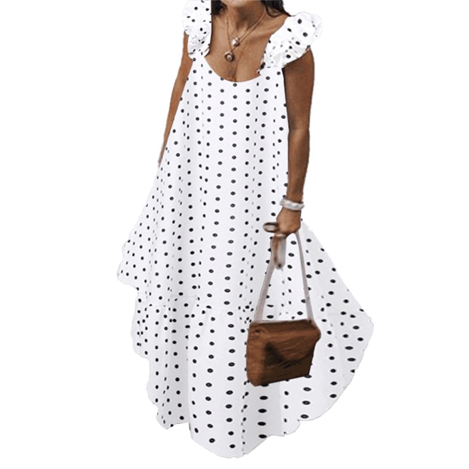 

Women s Bohemian Polka Dot Print Maxi Dress Sleeveless Long Dress XL білий