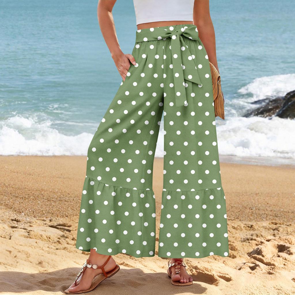 Damen Freizeithose mit weitem Bein, Stretch, Hoher Bund, Gerüschter Saum, Weite Beine, Mit Gürtel und Taschen
