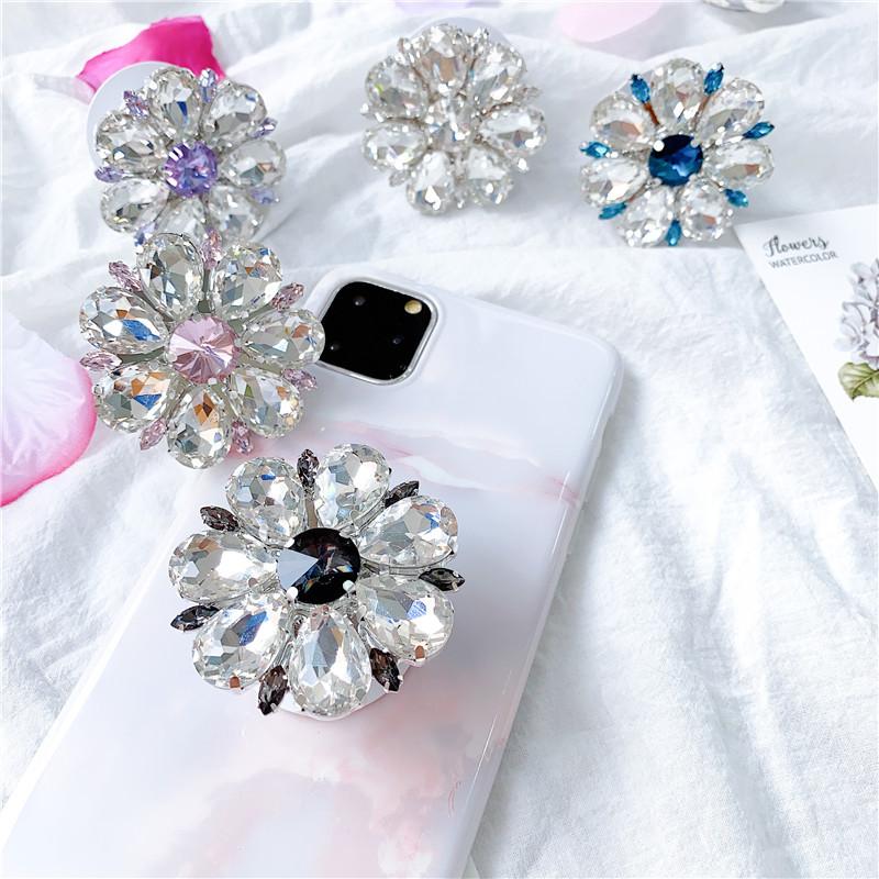 Luxury Crystal Diamond Flower Gemstone Mobile Phone Decorative Sticker Bracket Air Cushion Diamond Bracket Douyin Telescopic Sticker Female