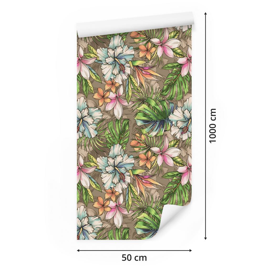 Paradise flowers and palm and monstera leaves wallpaper 50x1000