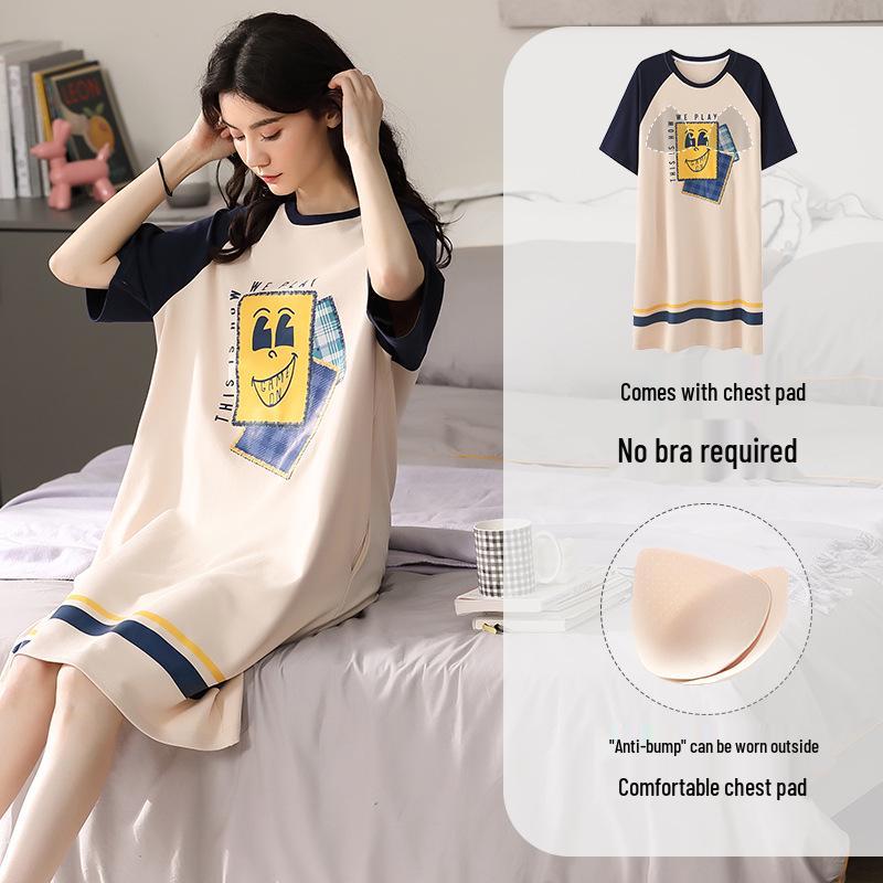 Women's Cartoon Cotton Nightgown with Bra Pads - Short Sleeve, 2024 Summer Style Pajamas