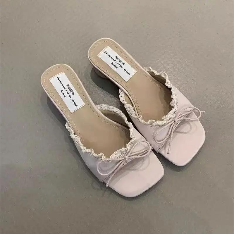 Summer Women's Butterfly-knot Lace Women Slippers Casual Thick Low Heel Dress Street Style Slides