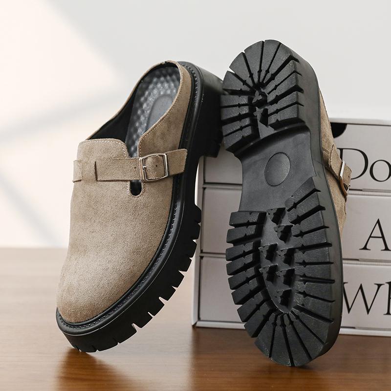 4CM Height Increasing Mules Slippers for Men Fashion Close Toe Slides Home Shoes Outdoor Clogs Suede Leather Platform Sandals