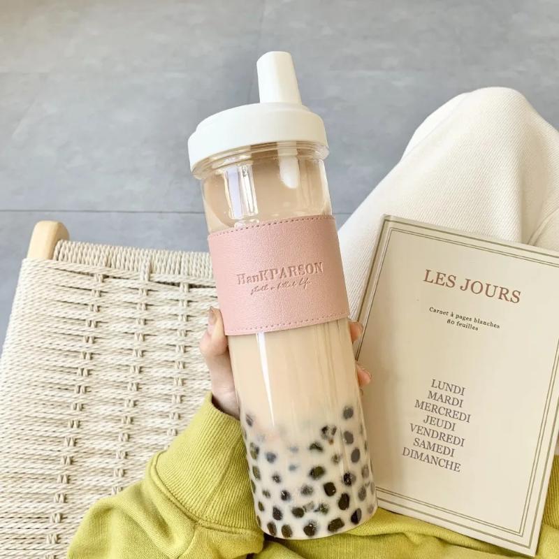 850ML Cute Pearl Milk Tea Straw Plastic Water Bottle with Cup Cover Women Large Capacity Juice Boba Milk Cup Drop-proof Portable Cup