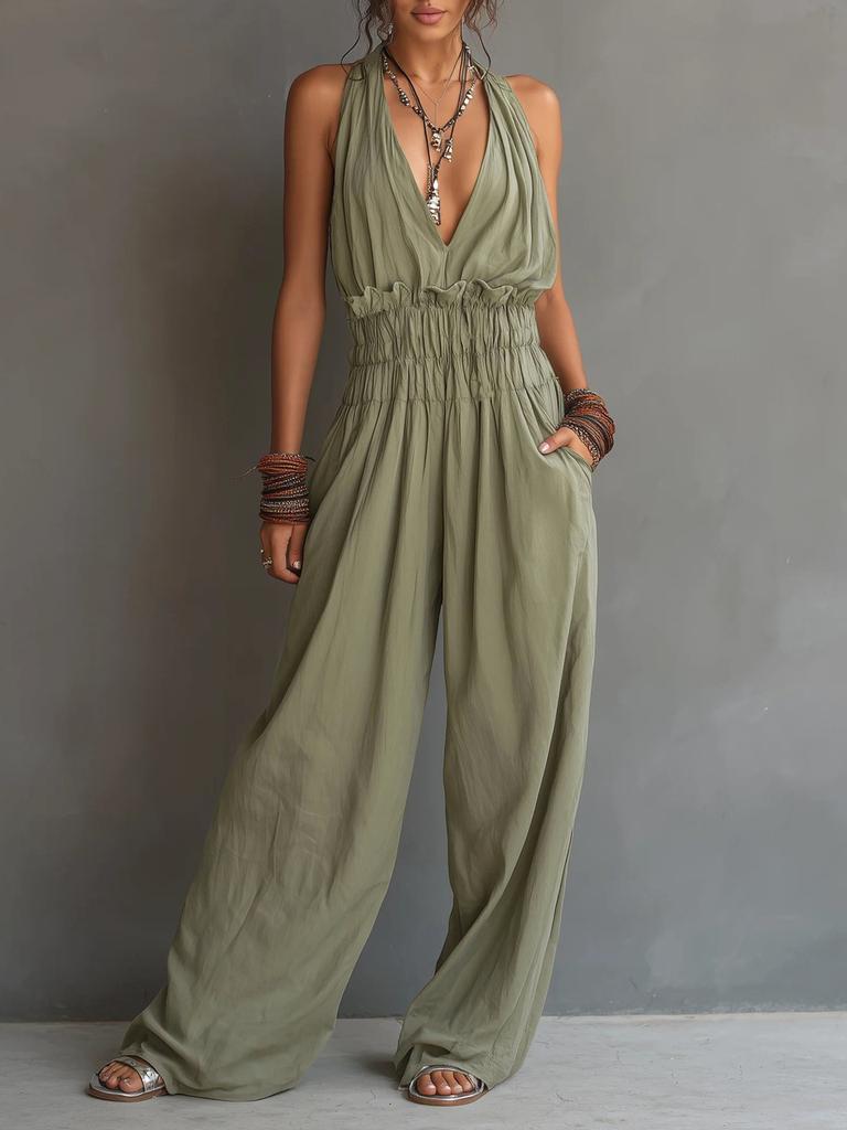 Tuta da donna con scollo all'americana gamba larga tinta unita scollatura a V profonda casual vestibilità larga tuta estiva