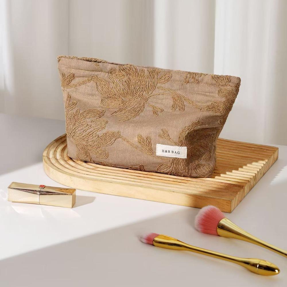 French Style Embossing Cosmetic Pouch Pillow Shape Charming Canvas Makeup Bag Portable Elegant Skincare Zipper Bag Travel