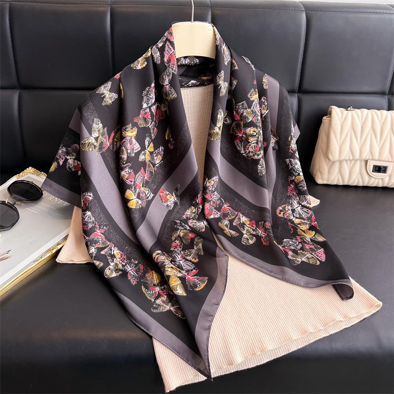 Korean Version of Butterfly Imitation Silk, High-end Large Square Scarf, Silk Scarf, Printed Shawl, Versatile Scarf, Sunscreen Scarf, Headscarf, Scar