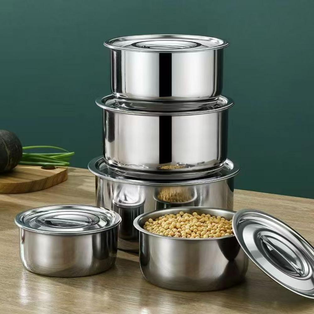 5Pcs Rustproof Stainless Steel Soup Pot With Lid Salad Bowl Lard Basin Stock Pot Set  Food