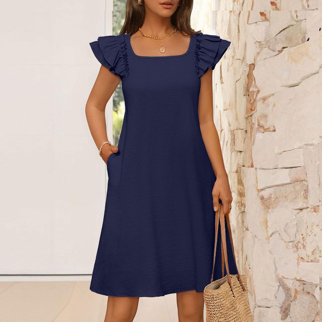 Vestido Feminino de Moda Primavera e Verão com Manga Folha de Camada Dupla e Laço nas Costas