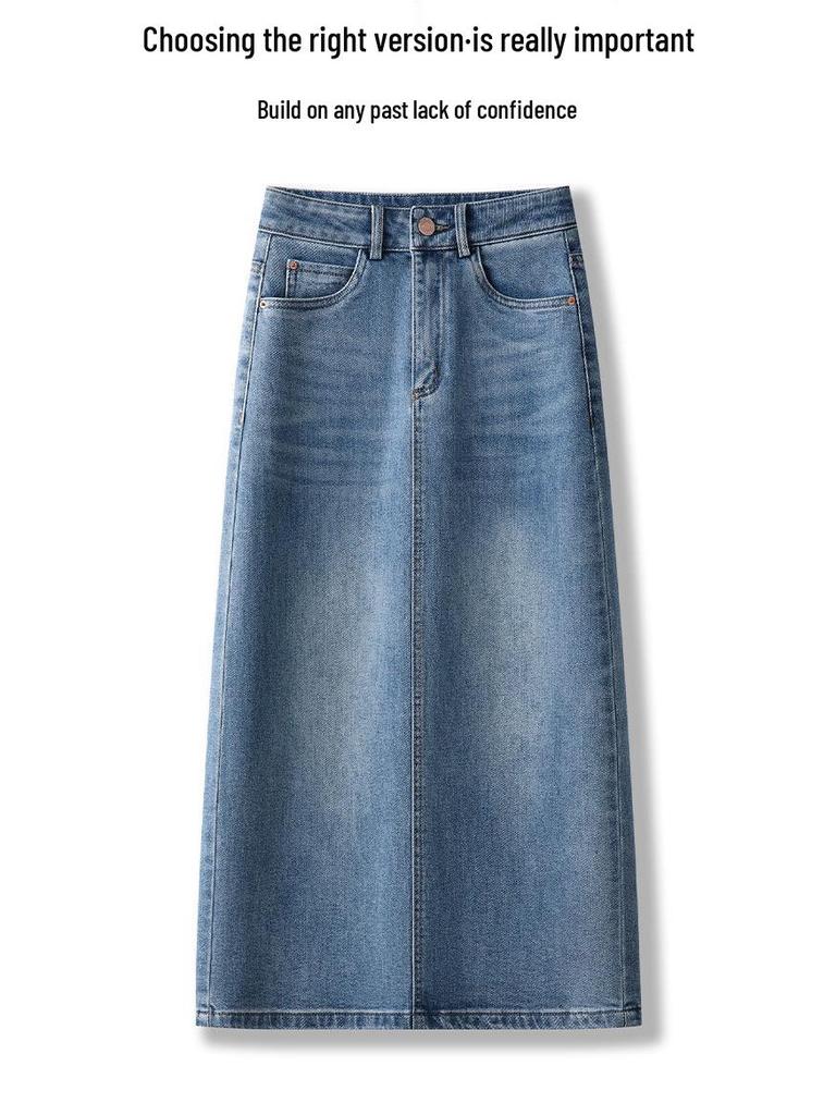 Women's High-Waisted A-Line Denim Midi Skirt with Retro Slit - Spring/Autumn 2026 Collection