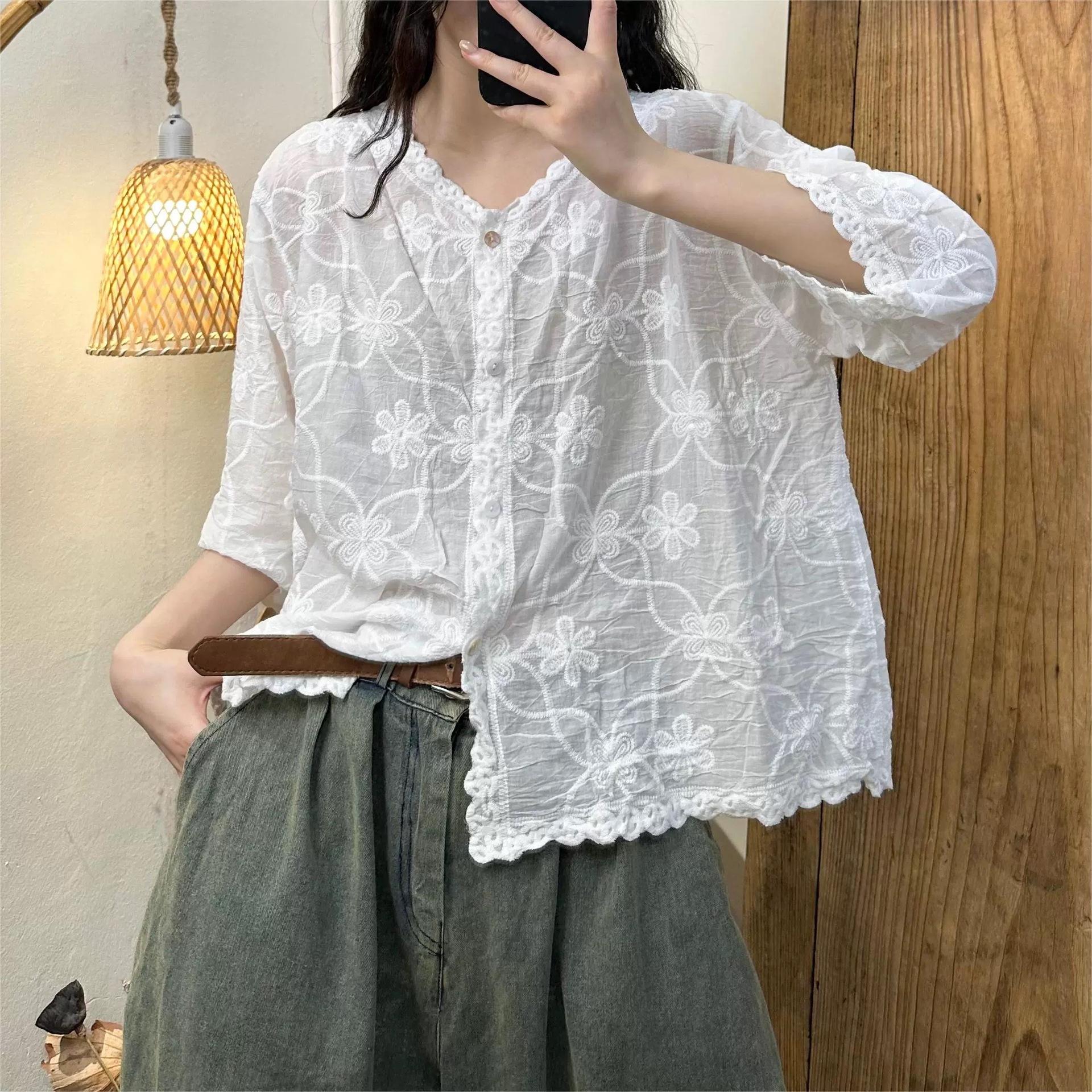 

Женские хлопковые рубашки Лето Mori GirL Style Folral Вышивка Свободные V-образным вырезом Collae Однобортные женские топы Tide Wild One Size белый