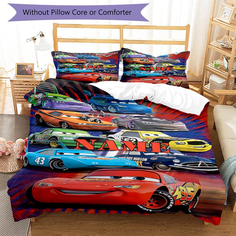 3pcs Custom Name Cars Bedding Set Duvet Cover Closure Includes 1 Duvet Cover & 2 Pillowcases, Soft and Comfortable for All Seasons.