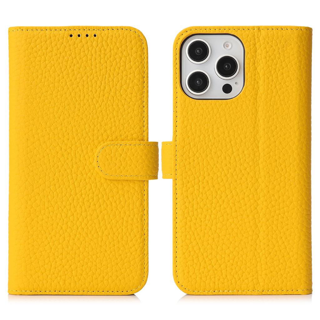 For iPhone 15 Pro Stand Case Litchi Texture Genuine Cow Leather Wallet Phone Cover RFID Blocking