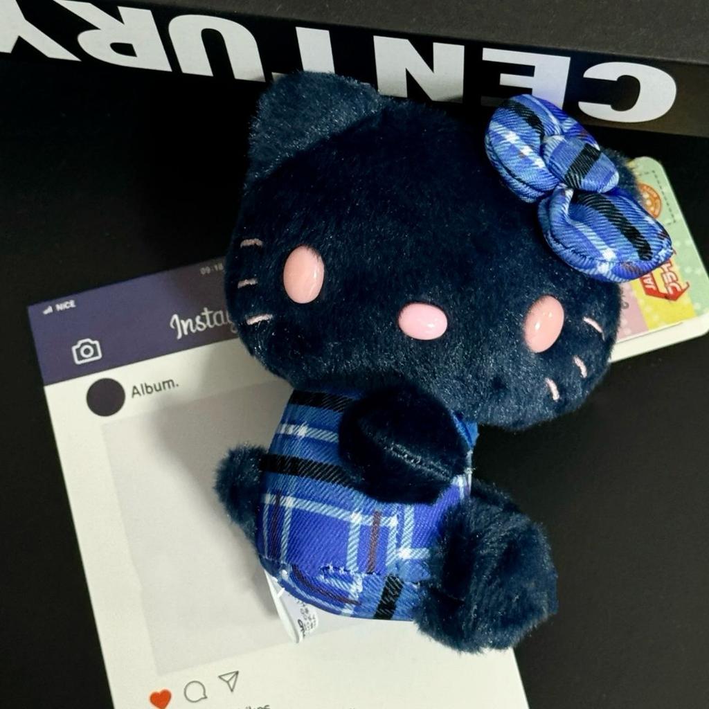 Dark Blue Plaid Hello Kitty Plush Keychain Elegant Side Sitting Doll Pendant Ideal Gift For Girl Bag Backpack Accessories Decor