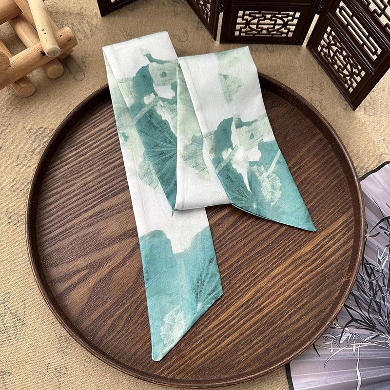 7x85cm Skinny Silk Scarf Floral Headband Chinese Style Hair Ribbon Scarf Butterfly Neck Tie Versatile Bag Decorative Scarf