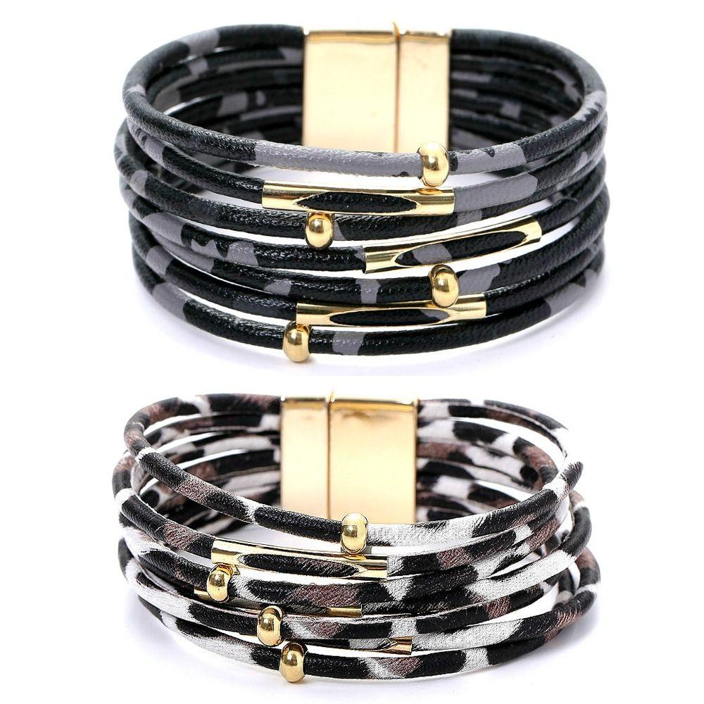Multilayer Leopard Leather Bangle Jewelry Accessories Wide Wristband Magnetic Clasp Bracelet  Gift