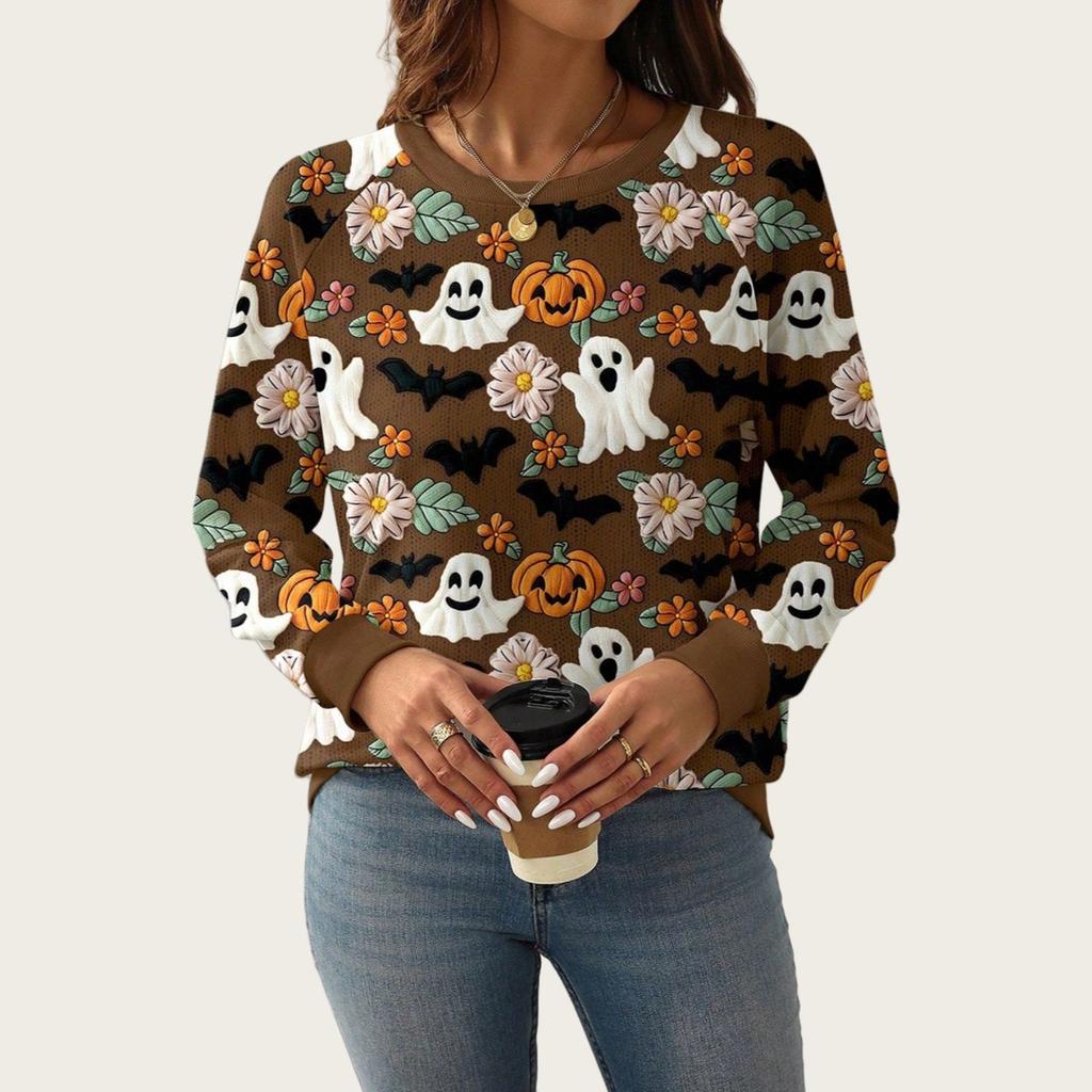 Ladies Spring Autumn Ghost Pumpkin Halloween O Neck Long Sleeve Pullover Hoodies Sweatshirt Top
