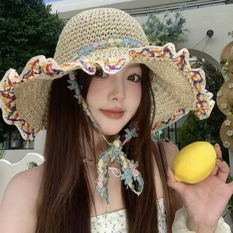 Big Brim Straw Hat Women's Summer Seaside Beach Vacation Ethnic Style Straw Bucket Hat Sunshade Sun Hat