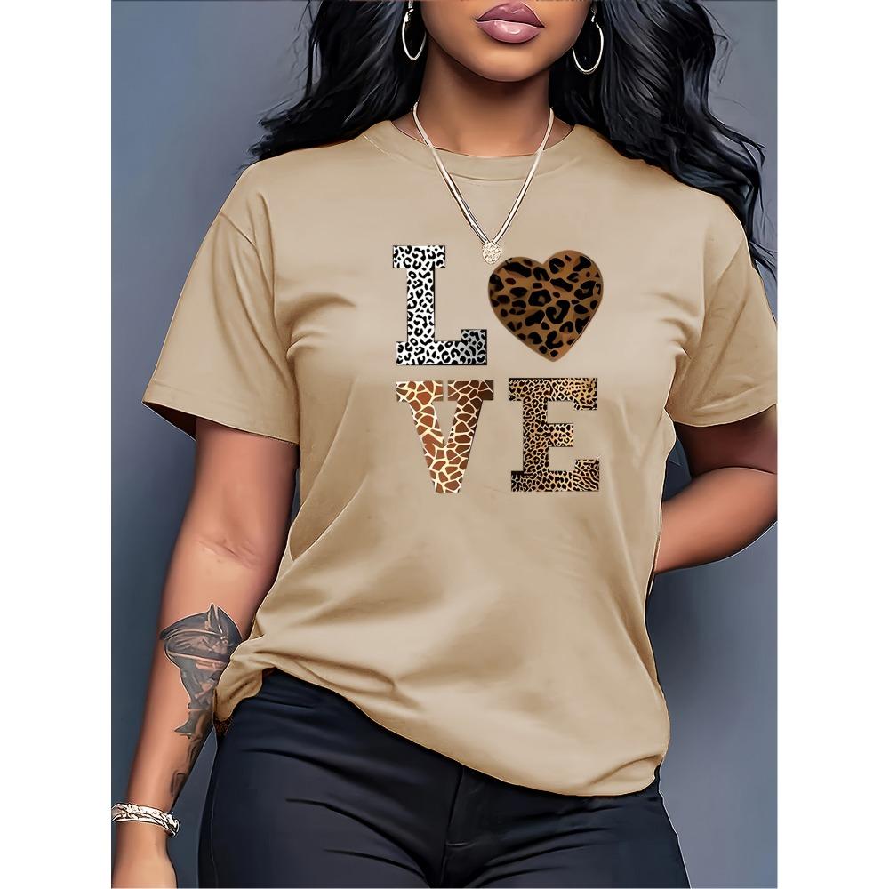 Mode Wit "Love" Luipaard Hart Patroon T-shirt-Casual Ronde Hals Korte Mouwen Casual T-shirt Luipaard Hart Patroon