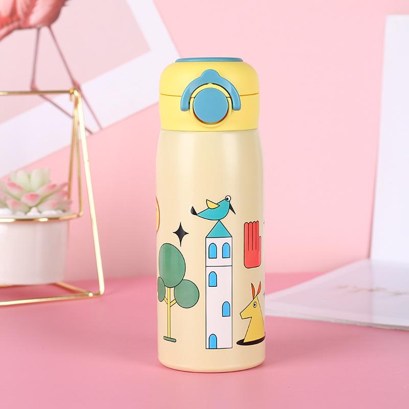 

Термос из нержавеющей стали в мультяшном стиле с подъемным кольцом, портативная детская кружка для воды, прямая питьевая мини-кружка с крышкой для воды 500ml