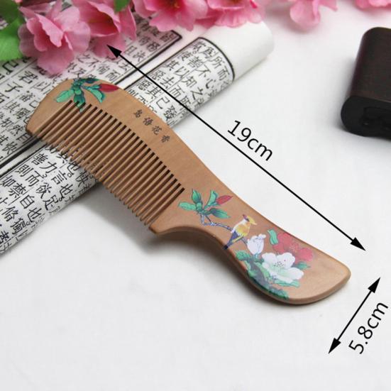 Painted Flower Peach Wood Healthy Scalp Comb Hair Massage Anti-Static Care Tool