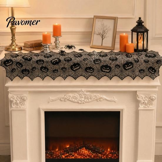 Halloween Centerpiece Runner Table Runner, 70 X 15 Inch Black Lace Spider Web Dark Spooky Gothic Pumpkin Dinner Decoration for Kitchen Decor,