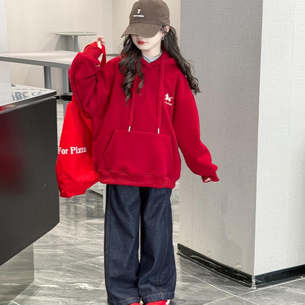 Girls' Plus Velvet Hooded Embroidered Sweatshirt, Red New Year 2026 Horse Zodiac Outfit for Big Kids