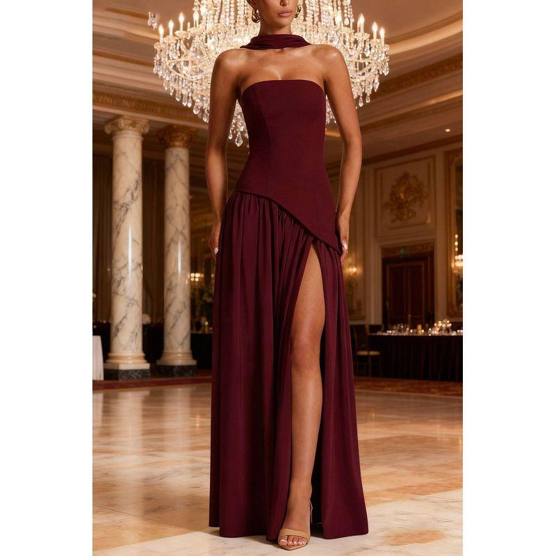 

European and American Cross-Border New Style Strapless Solid Color Slit Dress, Fashionable and Sexy Backless Halter Neck Dress with Ribbons Burgundy XS