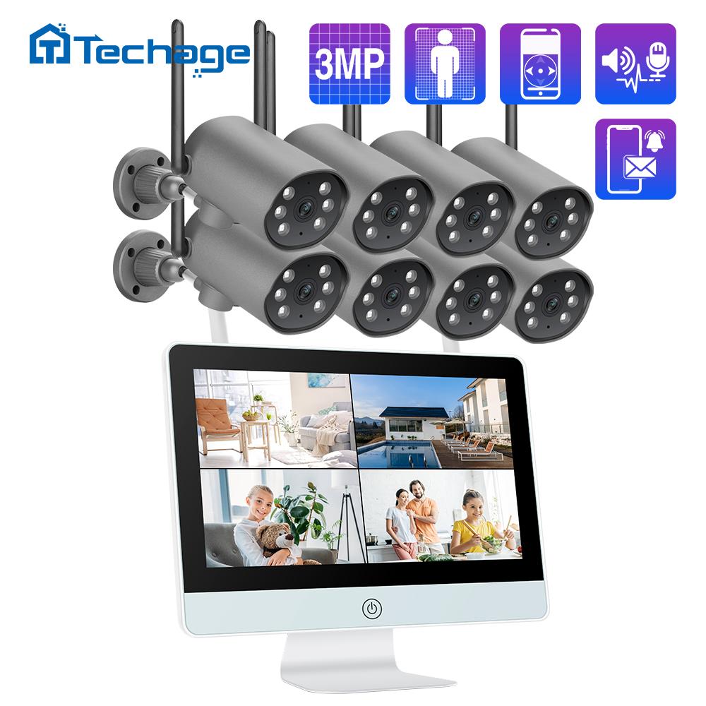 

Techage 8CH Беспроводная система камер 3MP Открытый PT Wi-Fi Камера Двустороннее аудио 12-дюймовый ЖК-экран CCTV Комплект видеонаблюдения