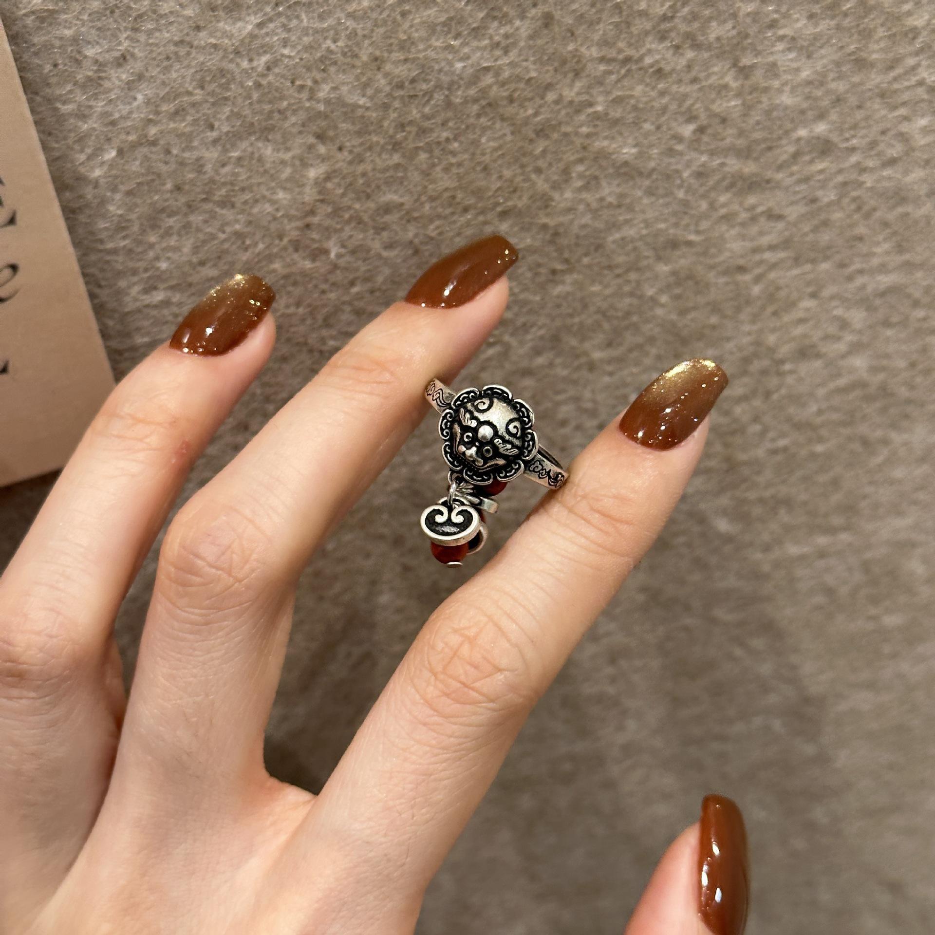 Awakening Lion Red Bead Women s Adjustable Ring - Retro Ethnic Style Open Adjustable
