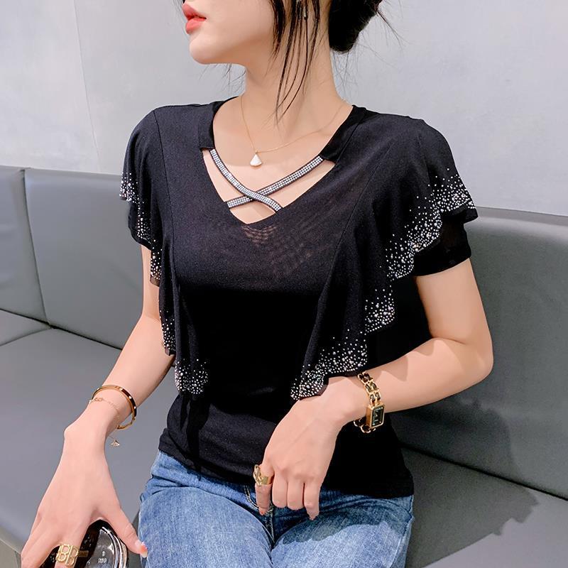 2025 Spring Mesh Fashion Hollow-Out Ruffle Long Sleeve Women's Top