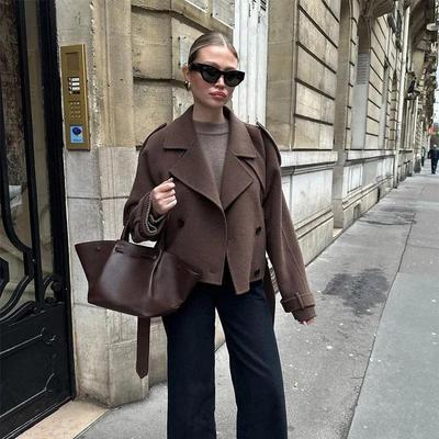 Solid Color Double Breasted Women Coat Lapel Long Sleeve Pocket Female Short Blazer Jacket 2026 Spring Autumn Office Lady Outerwear