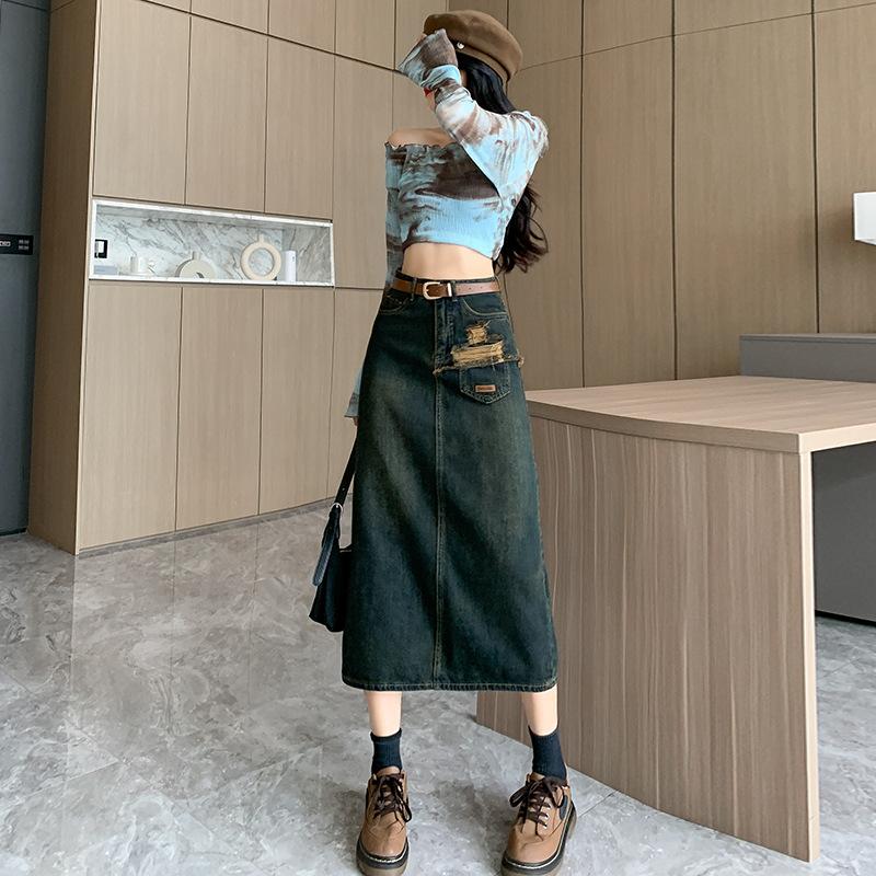 Cement Ash Wash Personalized Pocket Rear Slit Denim Skirt