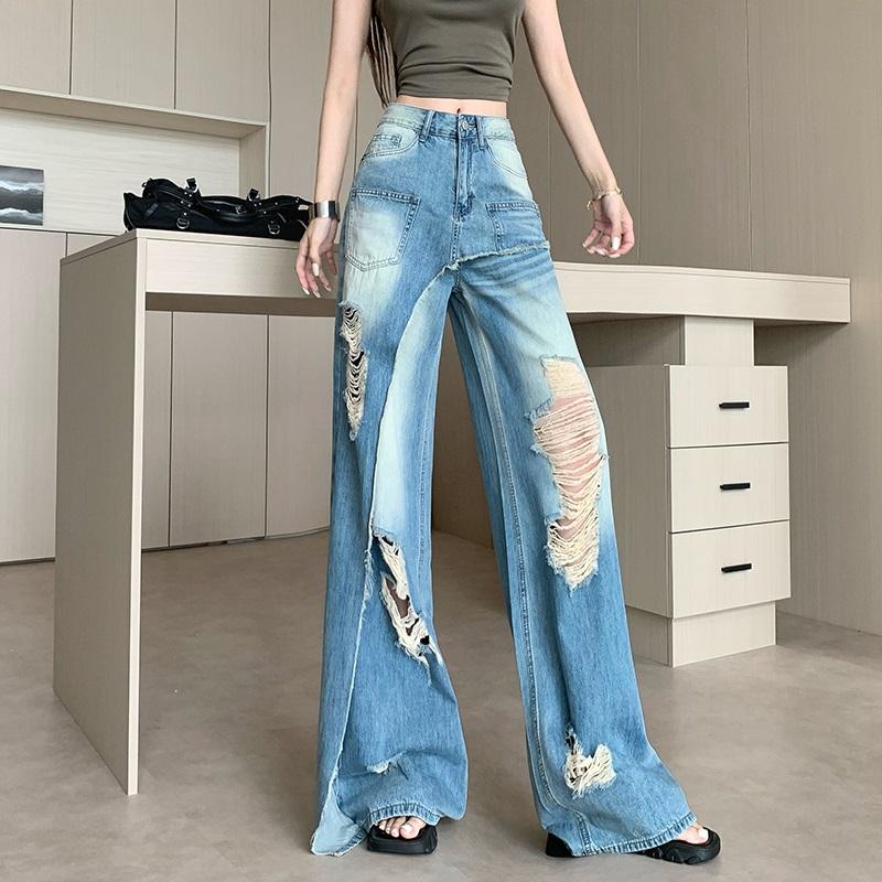 plus size Vintage hole high waist casual loose long Women spring summer jeans denim wide leg Pants