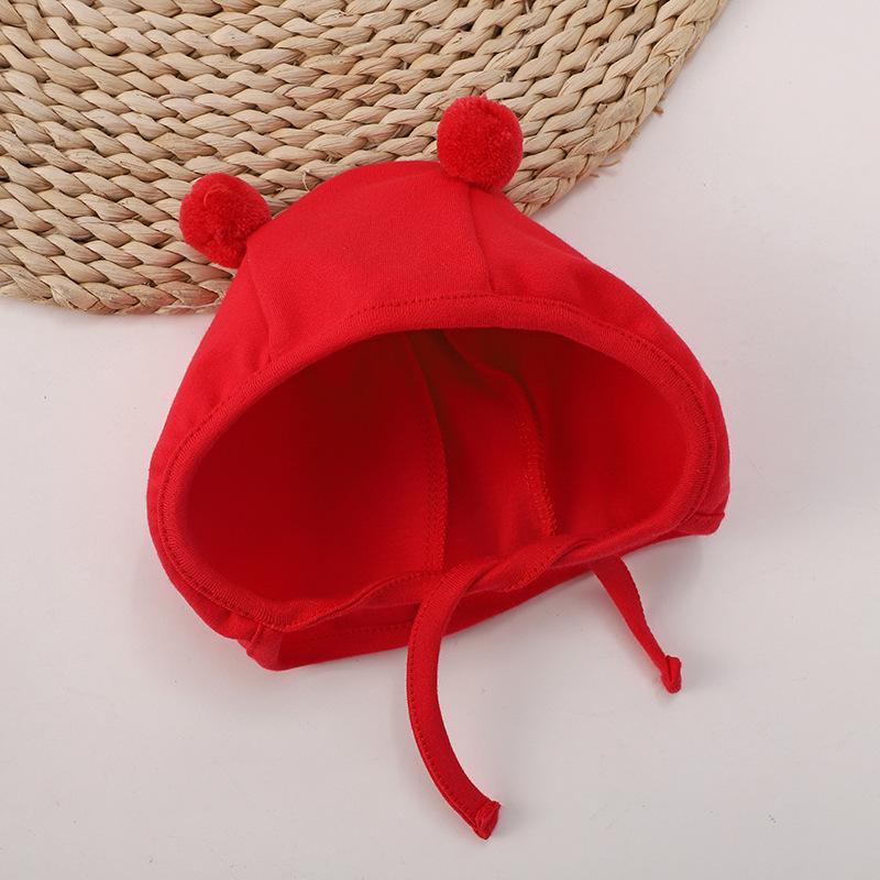 Unisex Newborn Pure Cotton Fontanelle Hat with Cute Double Pom-Poms – First Month Boneless Protection for Spring, Autumn, and Winter
