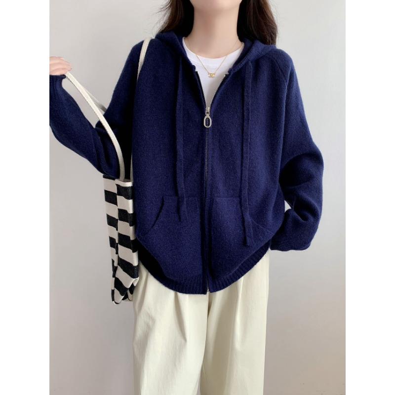 New Solid Color Lazy Wind Hooded Zipper Knitted Cardigan Casual Drawstring Sweater Thick Coat Women