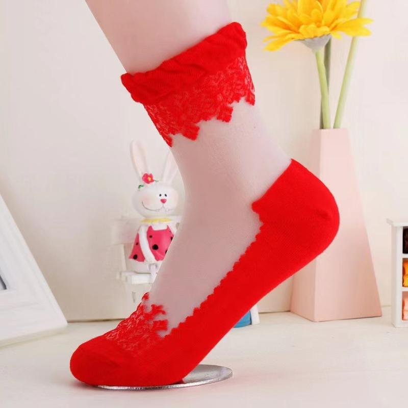 

Fashion Thin Transparent Sock Women Breathable Summer Socks Girls Lace Flower Crystal Silk Sock Sexy Elastic Short Tulle Socks one size червоний
