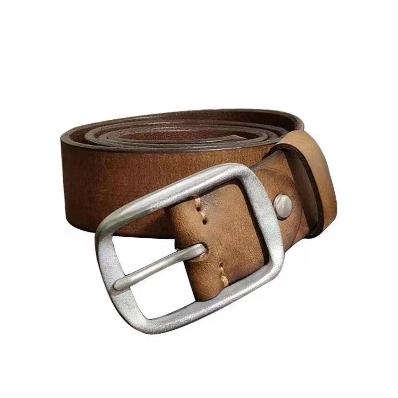 3.8Cm Wide American Handmade Retro Men'S Belt, The First Layer Of Pure Cowhide, Old Steel Buckle Genuine Leather Jeans Belt