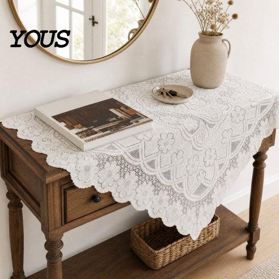 Non-slip Tablecloth White Lace Tablecloth, Square Scalloped Floral Doily, Elegant Vintage Home Decor Table Cover for Nightstand End Tea Party Durable