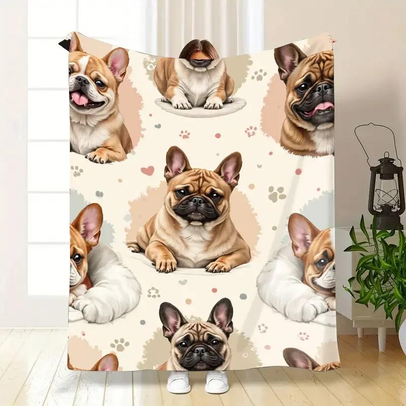 1PC Flannel Blanket – Cute French Bulldog Print, Soft Cozy Throw for Home Decor, Couch, Bed, All-Season Use