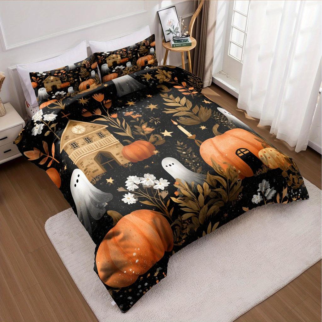 3pcs Halloween Pumpkin Monster Duvet Cover Set Without Core, Quilt Cover with 2 PillowcasesSoft and Machine Washable