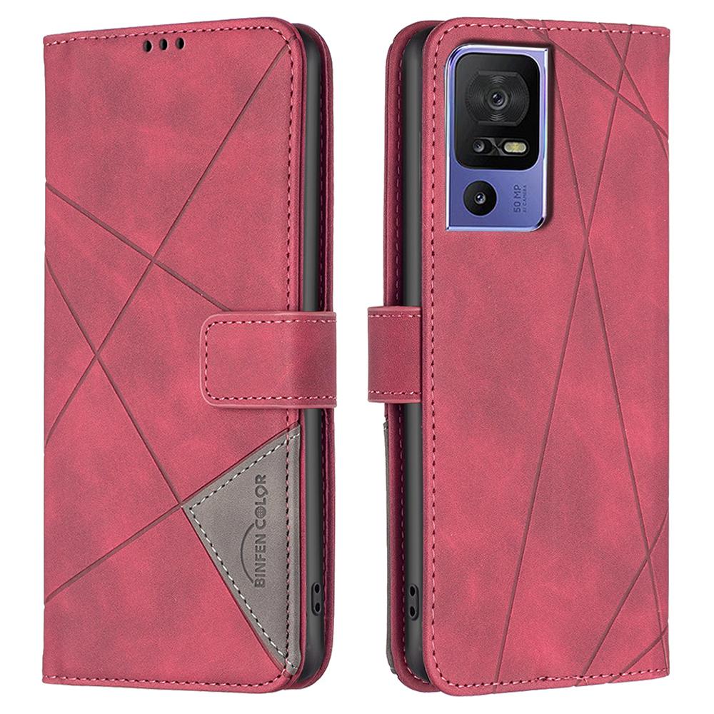 

BINFEN COLOR For TCL 40 SE Phone Cases Wallet Stand Geometry Imprinted Leather Cover Red